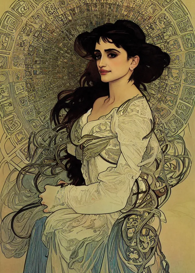 Image similar to portrait of penelope cruz, artwork by alphonse mucha