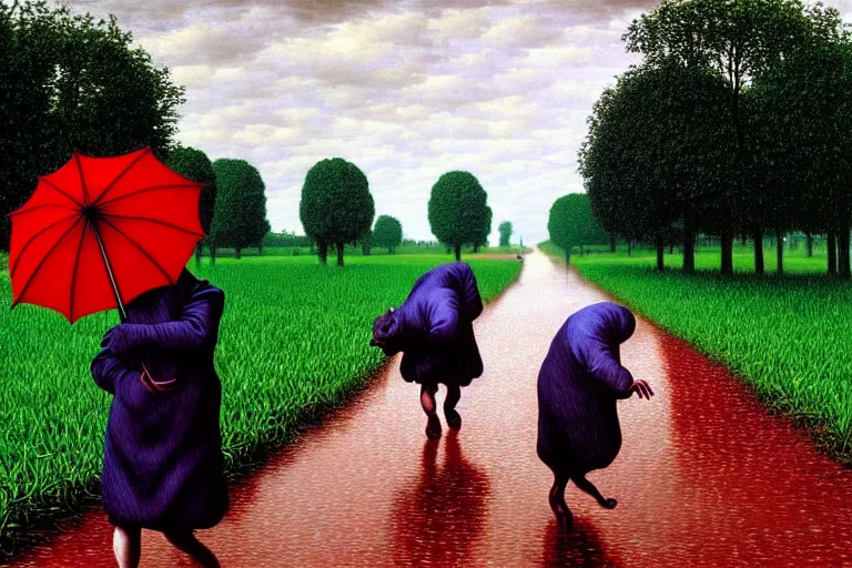 Image similar to a family of rats scurrying across a drenched field in a torrential rainstorm, in the style of rene magritte, intricate and epic composition, red by caravaggio, insanely quality, highly detailed, masterpiece, purple light, artstation, 4 k