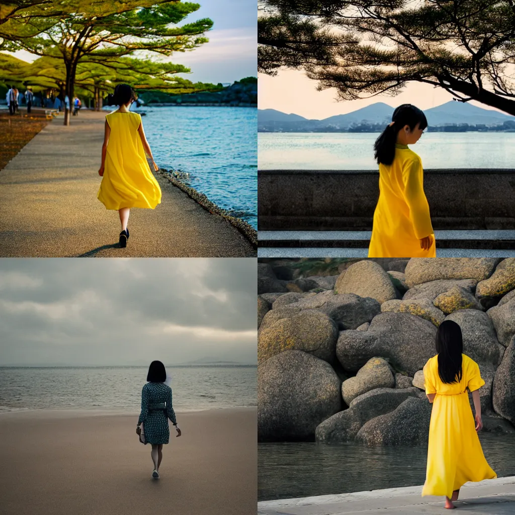 Prompt: a Japanese girl walking along the shore wearing a yellow dress, cinematic lighting