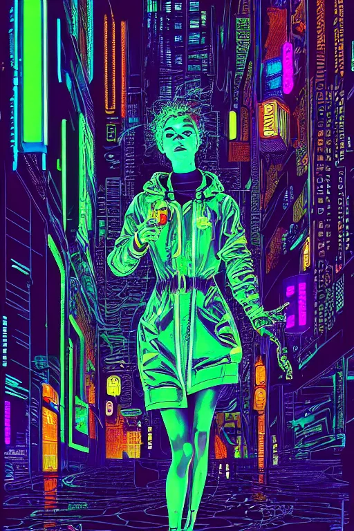 Image similar to dreamy cyberpunk girl, neon rain coat, detailed acrylic, intricate complexity, by dan mumford and by alberto giacometti, peter lindbergh