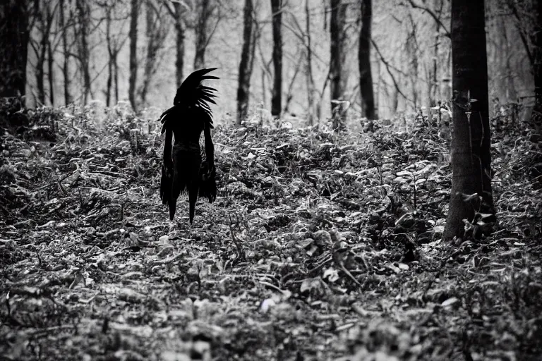 Prompt: crow human, photograph captured in a dark forest