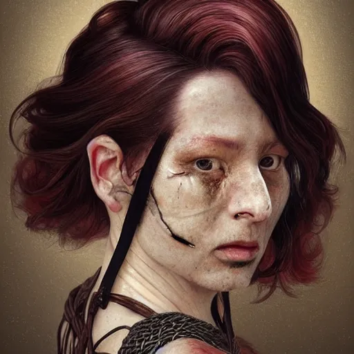 Image similar to portrait of a Shibari rope wrapped face and neck, headshot, insanely nice professional hair style, dramatic hair color, digital painting, of a old 17th century, old cyborg merchant, amber jewels, baroque, ornate clothing, scifi, realistic, hyperdetailed, chiaroscuro, concept art, art by Franz Hals and Jon Foster and Ayami Kojima and Amano and Karol Bak,