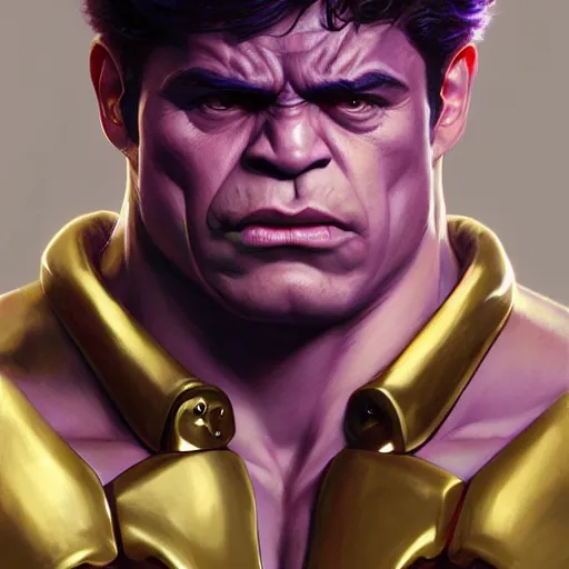 Image similar to portrait of Hulk, purple suit, fantasy, intricate, elegant, realistic, highly detailed, digital painting, artstation, concept art, smooth, sharp focus, illustration, art by artgerm and greg rutkowski and alphonse mucha