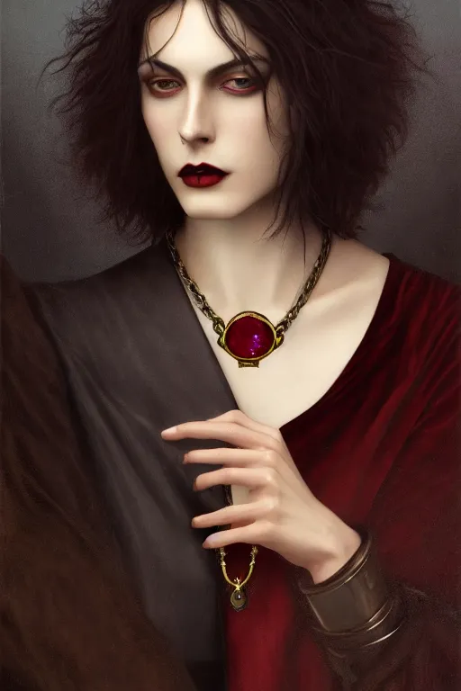 Image similar to a beautiful androgynous man, long thick dark hair, deep brown eyes, vampire, dressed in velvet, wearing a ruby pendant, illustration, dramatic lighting, soft details, painting oil on canvas, art nouveau, octane render, HDR, 4k, 8k, HD, by Edmund Blair Leighton, Brom, Charlie Bowater, faces by otto schmidt