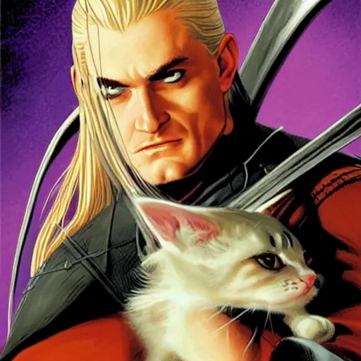 Prompt: comic book cover for'legolas vs a kitten ', art by alex ross