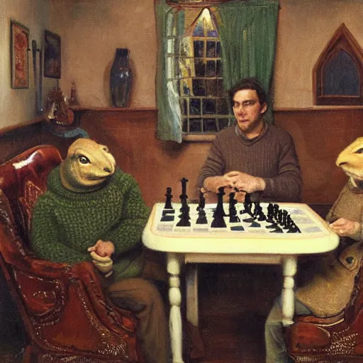 Image similar to toads drinking tea and playing chess. Painting of toads wearing sweaters by James Gurney.