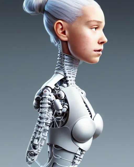 Image similar to weta disney pixar movie still head and torso portrait photo of young millie alicia bobby vikander brown with a white ponytail as thoughtful intricate detailed mechanical white plastic cyborg girl by pixar, by weta, wlop, ilya kuvshinov, rossdraws, artgerm, latex, iridescent, bright morning, anime, liosh, mucha