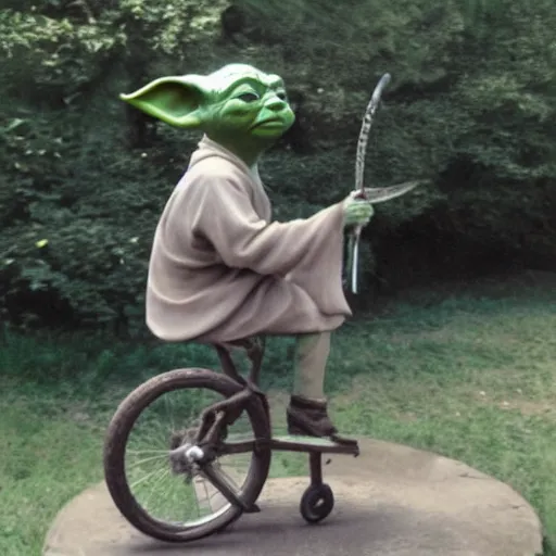 Image similar to yoda riding a unicycle