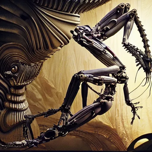 Image similar to still frame from Prometheus movie by Makoto Aida, flying biomechanical angel gynoid by giger, mimicking devil's flower mantis, metal couture by neri oxmn and Guo pei, flying angel editorial by Malczewski and by Caravaggio