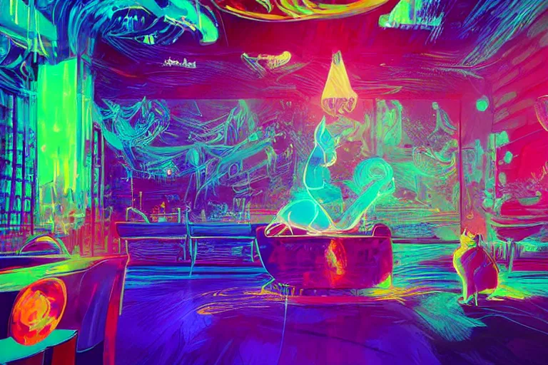 Image similar to a digital art of a cat sits on a chair in a luminous disco bar, animal, light effect, highly detailed, by anton fadeev