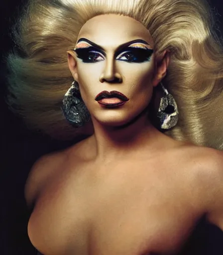 Image similar to a high quality, high detail, portrait of a drag queen by annie leibovitz, intense look in the eyes, moody, nostalgic