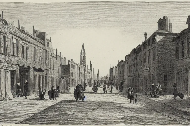 Prompt: street view of a city in 1850