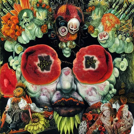 Image similar to punk album cover, blank horizontal banner on top, psychedelic, giuseppe arcimboldo