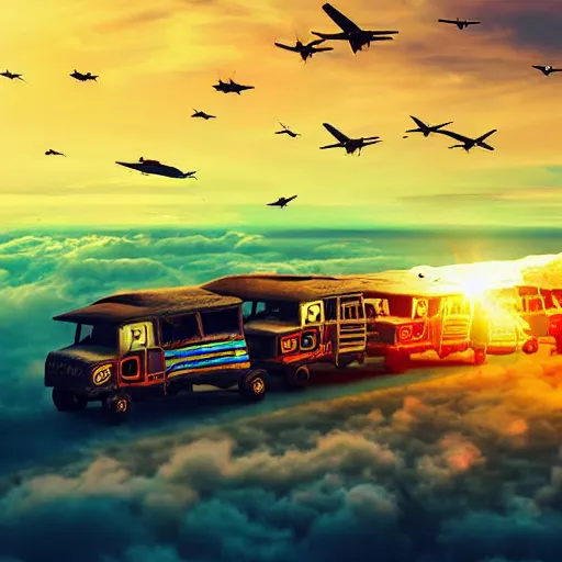 Image similar to a fleet of flying philippine jeepney above the clouds, lens flare, wide shot, digital art