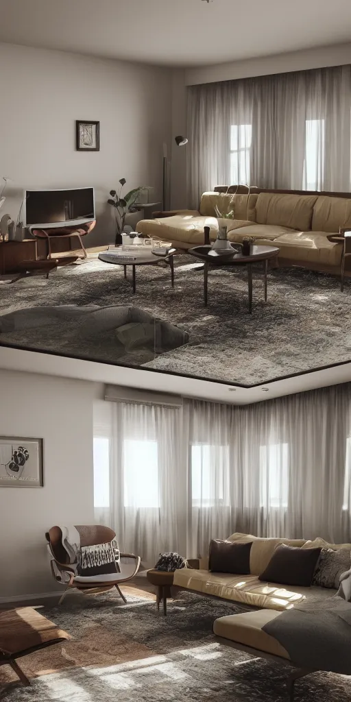 Image similar to photograph interior of 70's living room , octane render, unreal engine