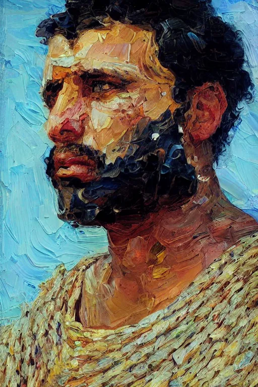 Image similar to highly detailed palette knife oil painting of a historically accurate depiction of the ancient biblical egytian prince Joseph, thoughtful, by Peter Lindbergh, impressionistic brush strokes, painterly brushwork