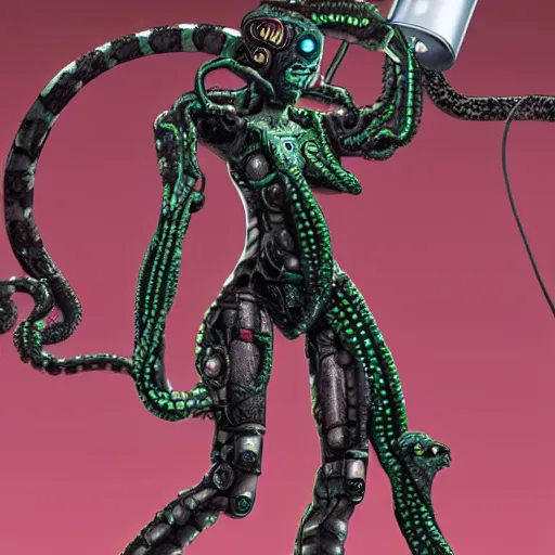 Prompt: the upper torso of a terminator gorgon medusa with borg implants and robotic snakes coming out of her head is hanging from cables and wires off the ceiling of a lab. Her bottom half is missing with cables hanging out. Tiny green led lights in her cybernetics. She is taking a sip from a cup of coffee. very detailed 8k. Horror cyberpunk style.