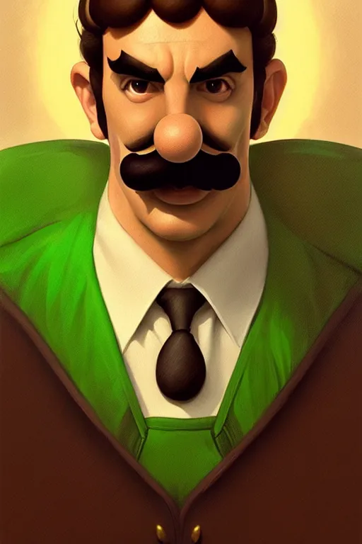 Prompt: a portrait of luigi from mario bros., fantasy, sharp focus, intricate, elegant, digital painting, artstation, matte, highly detailed, concept art, illustration, ambient lighting, art by ilya kuvshinov, artgerm, alphonse mucha, and greg rutkowski