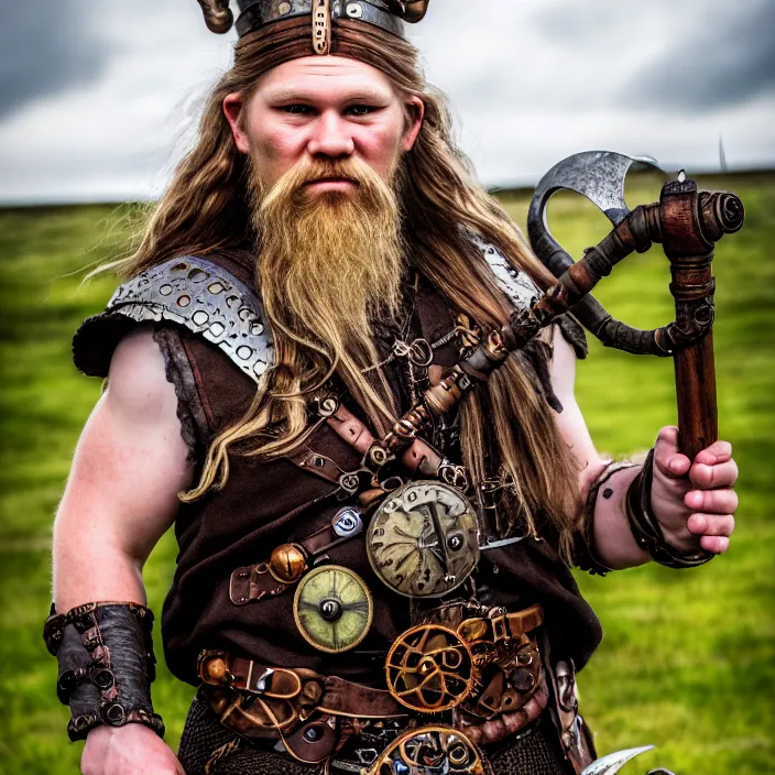 Prompt: full shot photograph of a real-life steampunk viking, Extremely detailed. 8k