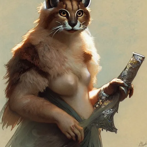 Prompt: concept art, a cute fluffy caracal dressed in toga, 8 k, alphonse mucha, james gurney, greg rutkowski, john howe, artstation