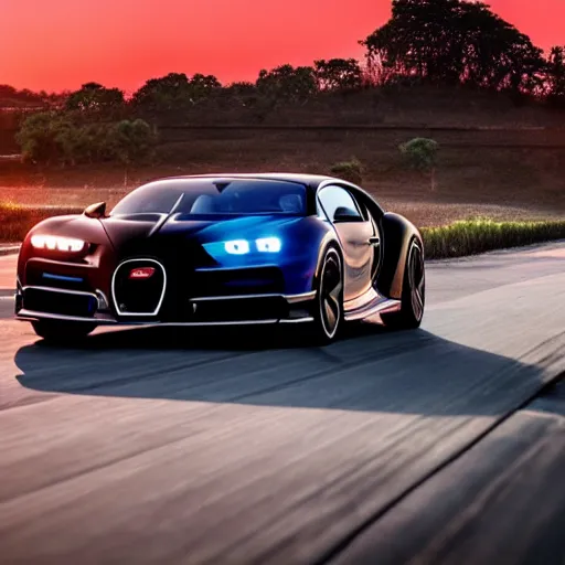 Prompt: synthwave bugatti chiron at sunset