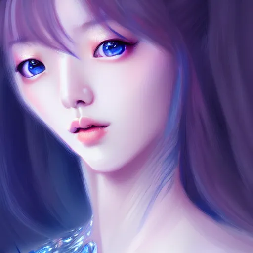 Prompt: Portrait of female Korean idol, D&D, blue eyes, face, fantasy, intricate, elegant, highly detailed, digital painting, artstation, concept art, smooth, sharp focus, illustration