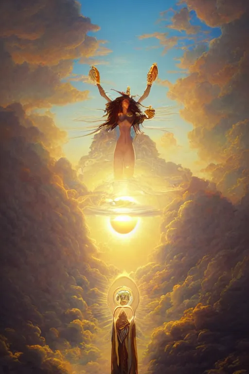 Image similar to the high Priestess of the sun god greets the rising sun, 8k resolution digital painting by Michael Whelan and Peter Mohrbacher, cinematic morning light