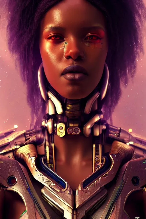 Image similar to ultra realistic, beautiful female african cyborg in a crowded smoky cyberpunk club in space megalopolis, sci - fi, intricate details, eerie, highly detailed, octane render, 8 k, art by artgerm and alphonse mucha and greg rutkowski