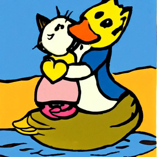 Image similar to a kitten and a duck in love cartoon