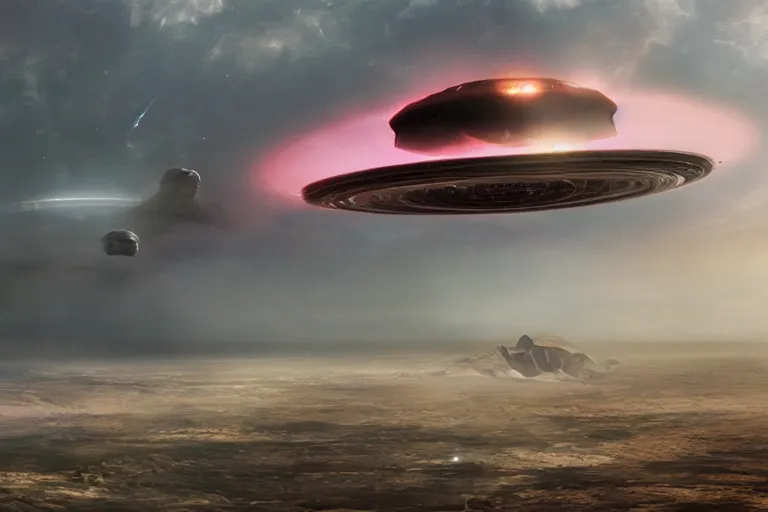 Prompt: matte painting of an alien invasion with a giant ufo entering the atmosphere seen from the surface of the earth