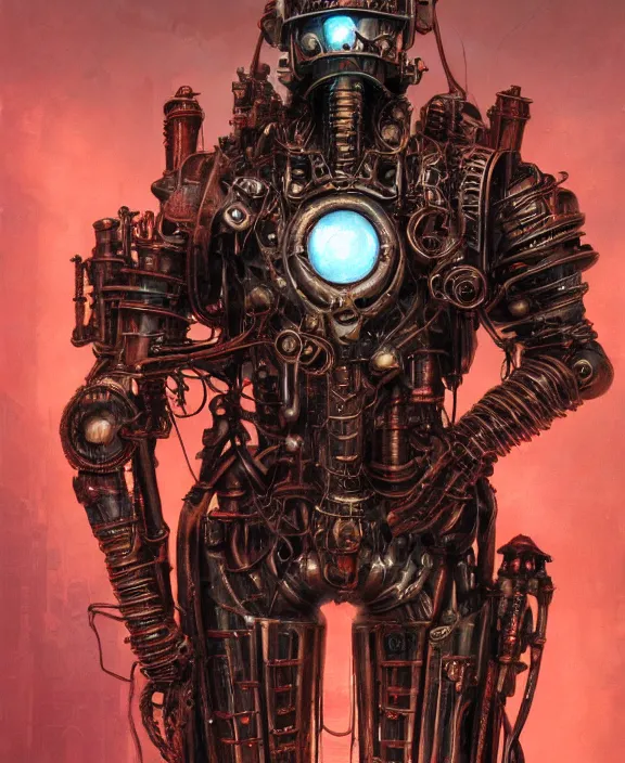 Image similar to steampunk style JoJo stand, red neon lights, evil armour, by HR Giger and Beksiński and Stephan Martiniere , 4k resolution, detailed, trending on artstation