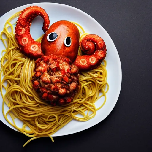 Image similar to octopus with spaghetti as its tentacles, and a meatball as its body