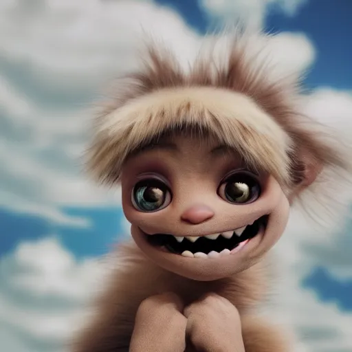 Image similar to a cute little monster baby with long fur, portrait, pixar style, extremely realistic photo, heaven background, cinematic lighting, award winning creature portrait photography