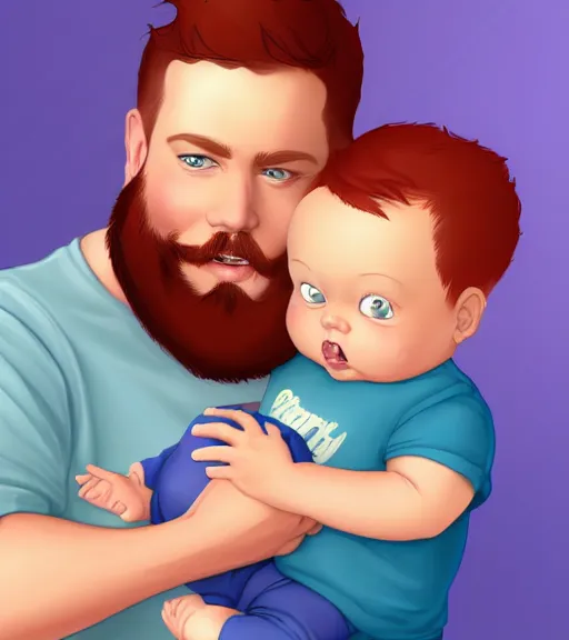 Image similar to a father with short red hair, a short red beard and blue eyes and a chubby face hold his infant son with short brown hair full color digital illustration in the style of don bluth, artgerm, artstation trending, 4 k