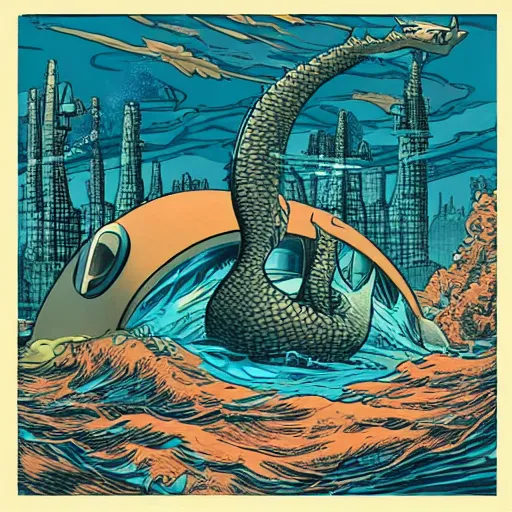 Image similar to the loch ness monster swimming through a retrofuturistic atompunk underwater city