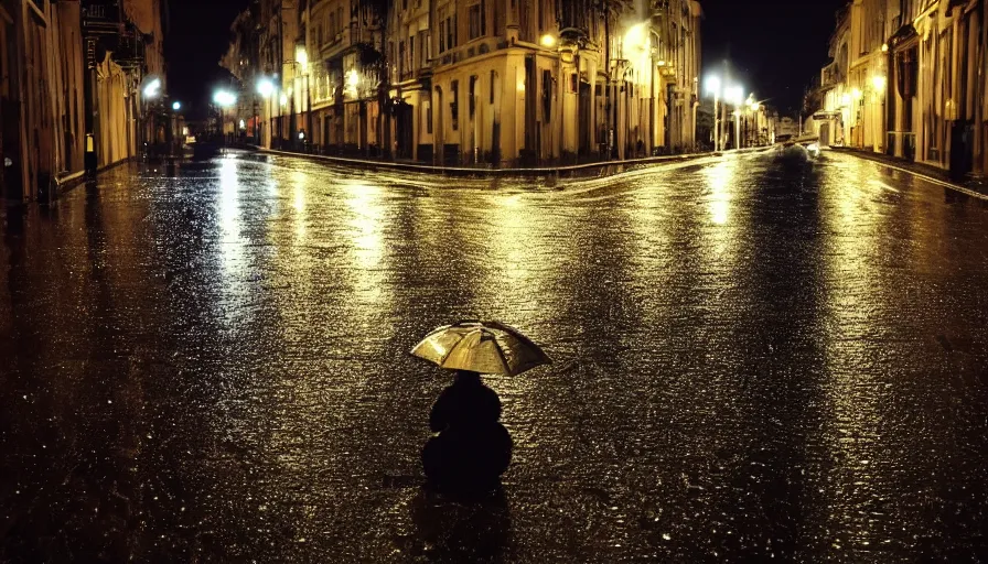 Prompt: alone in the street, at night, rain