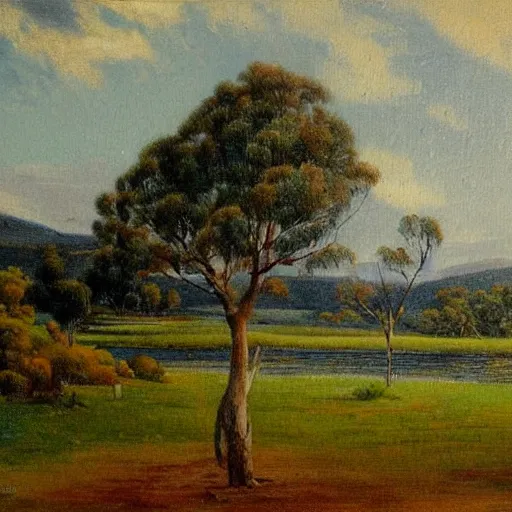 Image similar to a landscape painting of canberra by fred mccubbin