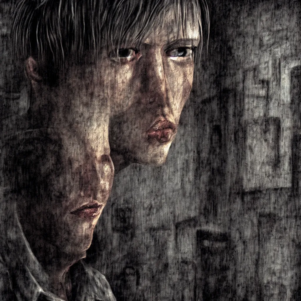 Prompt: A close-up portrait of James Sunderland from Silent Hill 2 in a dimly lit abandoned apartment, digital art, moody, art by Masahiro Ito