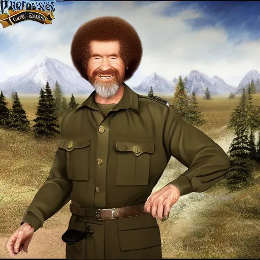 Image similar to bob ross in military fatigues, on the battlefield, ultra realistic