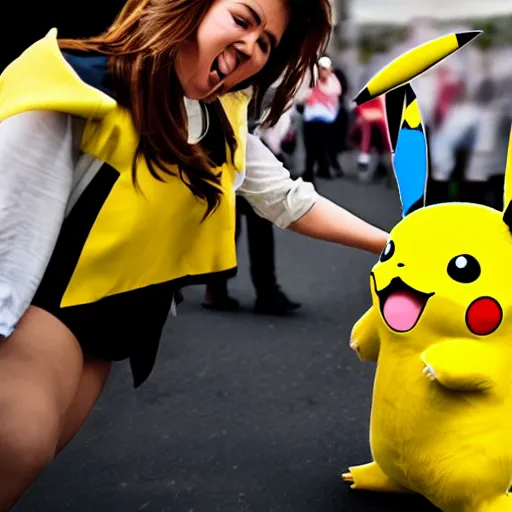 Prompt: pikachu attacking a human with thunderbolt