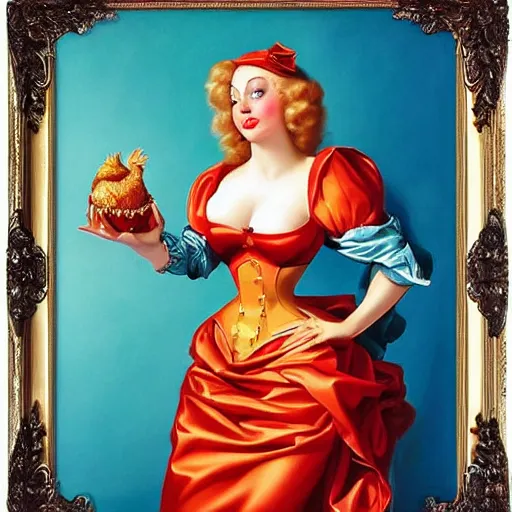 Prompt: the royal chicken by greg hildebrandt fancy rococo baroque oil painting high quality clothed in fancy garb in pin up style