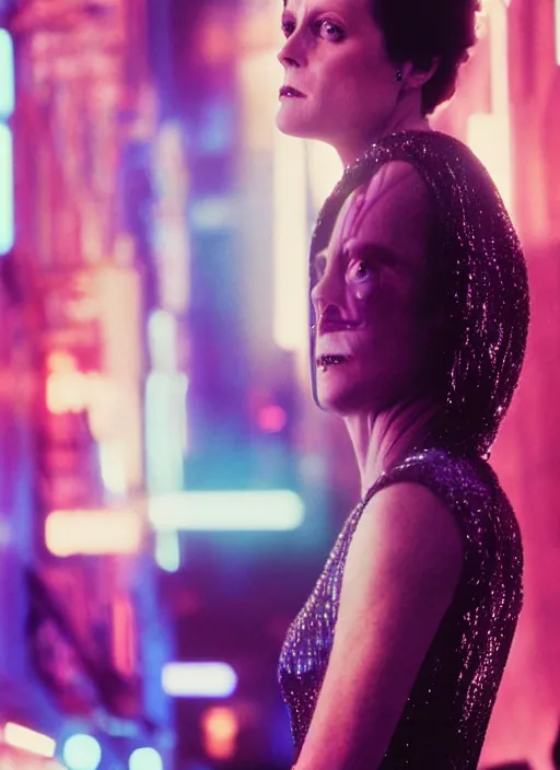 Prompt: A hyper realistic and detailed head portrait photography of Sigourney Weaver in iridescent dress on a futuristic street. by Annie Leibovitz. Neo noir style. Cinematic. neon lights glow in the background. Cinestill 800T film. Lens flare. Helios 44m