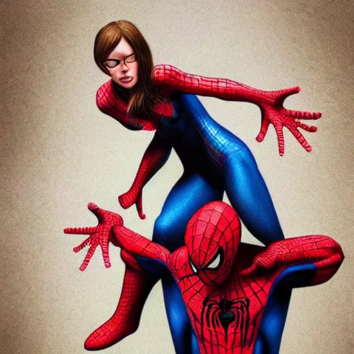 Prompt: spiderman carrying leyla away, artstation, hyperrealistic