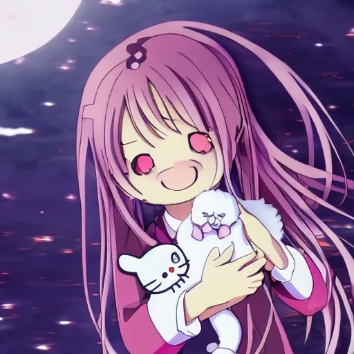 Image similar to anime key visual of a moe character girl, is petting a white ragdoll cat. from sanrio gensokyo as a moe anime girl, 4 k, hd, pixiv, wallpaper, official media | sanrio glitchcore yokai girl, shadowverse character concept, found footage horror, glitter gif