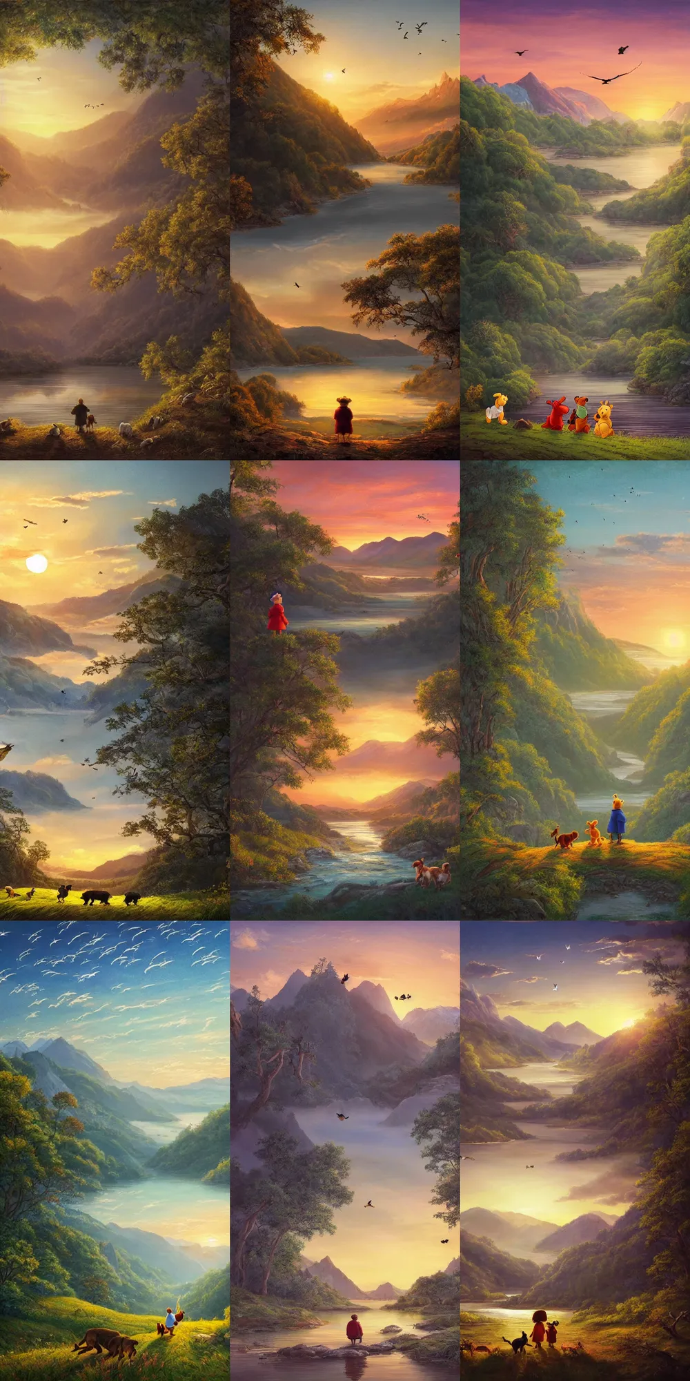 Prompt: A majestic landscape featuring a river, mountains and a forest. A group of birds is flying in the sky. There is an old man with a dog standing next to him. They are both staring at the sunset. Cinematic, very beautiful, painting in the style of Winnie the pooh