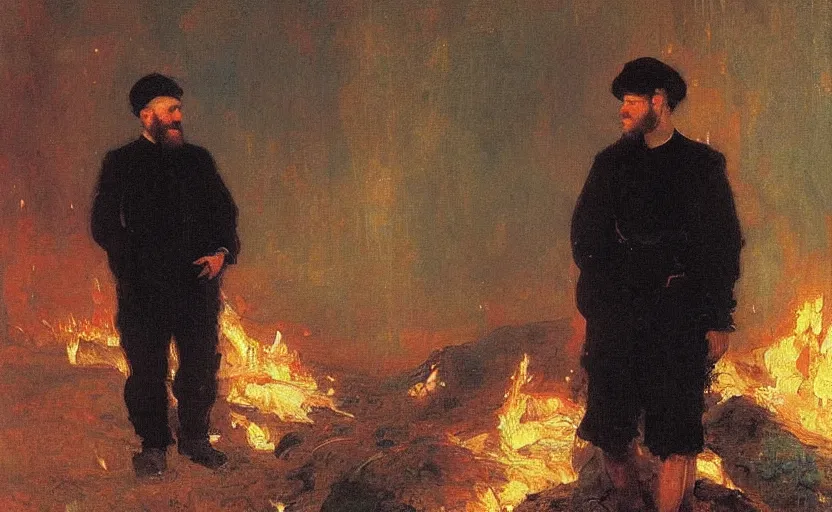 Image similar to high quality high detail painting by ilya repin, man standing in front of huge fire, hd