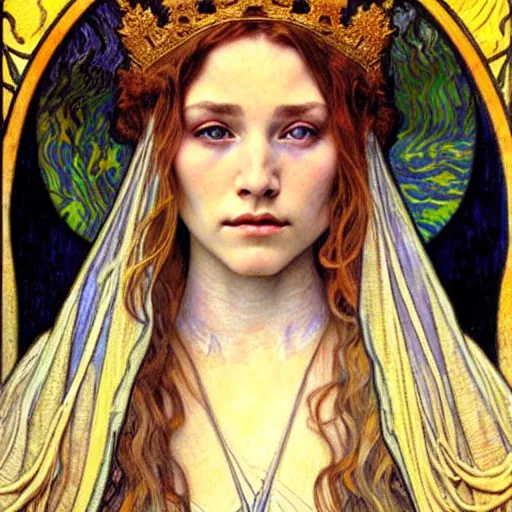 Image similar to detailed realistic beautiful young medieval queen face portrait by jean delville, alphonse mucha, vincent van gogh, and marco mazzoni, art nouveau, symbolist, visionary, gothic, pre - raphaelite