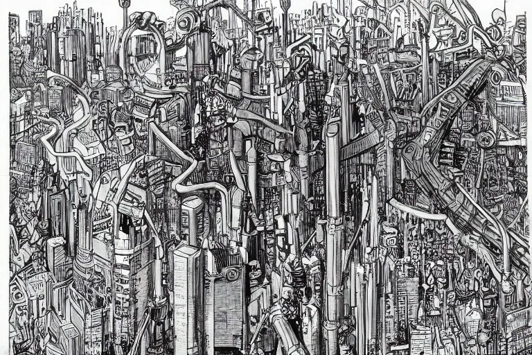 Prompt: an elaborate penned child illustration of an intricate connected city of tubes and pipes, by martin handford and by jan van haasteren and by simon bisley and by jack kirby