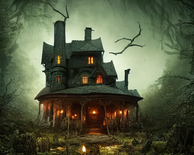 Prompt: the scariest witches house, that has giant snakes on the roof, in a scary dark forest, epic scene, dark, scary, horror, frightening, fantasy, cinematic, redshift render, cgi, hyper - detailed, photo - bash, 8 k post - production, masterpiece, in the style of greg rutkowski