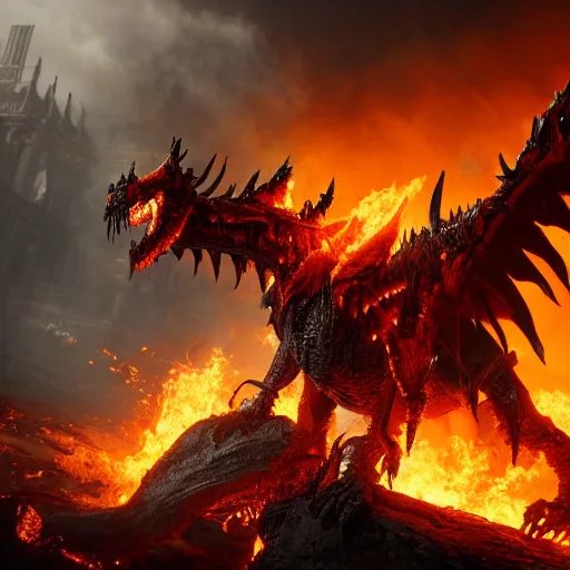 Image similar to 4k unreal engine render of Deathwing spreading his fire in a epic way, dynamic lighting, stunning visuals, cinematic, ultra detailed, trending on art station, fantasy concept art